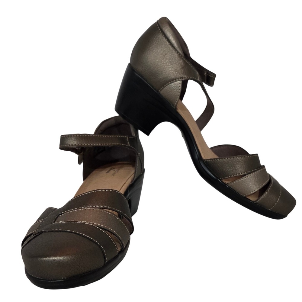Clarks Emily Daisy Metallic Pewter Leather Block Heel Mary Jane Pumps Womens 8W